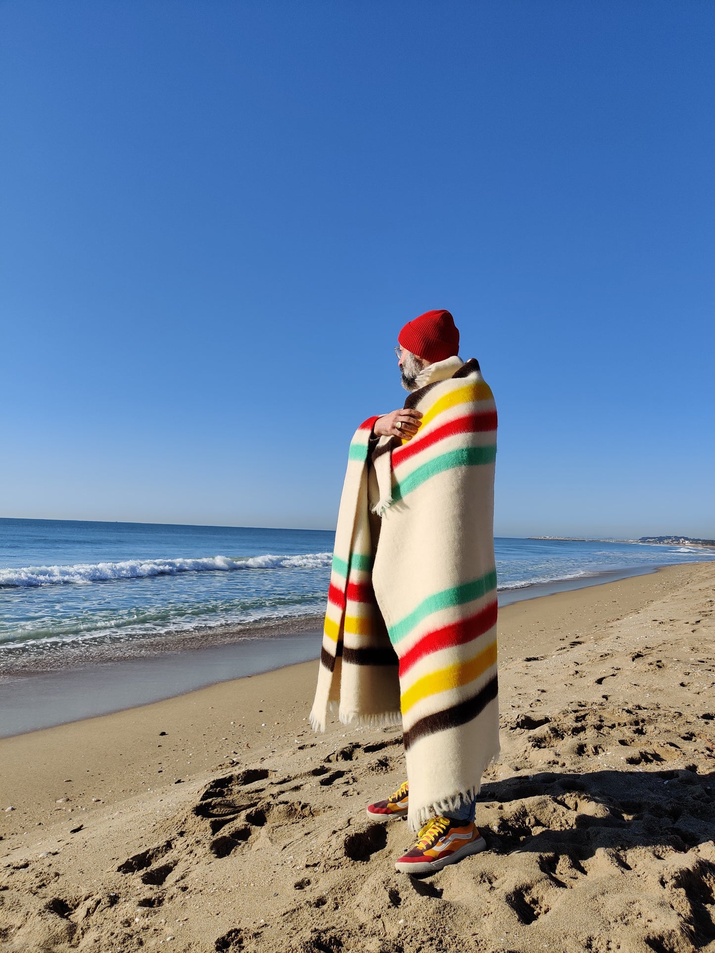 Merino wool blanket made in Spain white and stripes