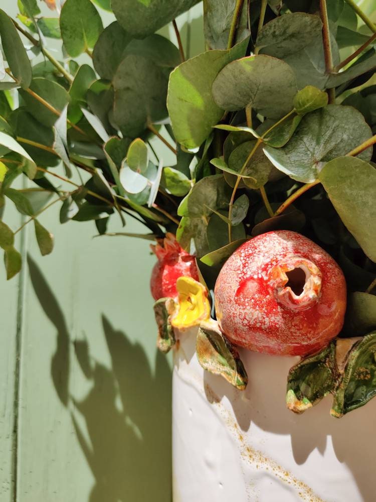 Hand made ceramic vase with ceramic pomegranates - made in Spain