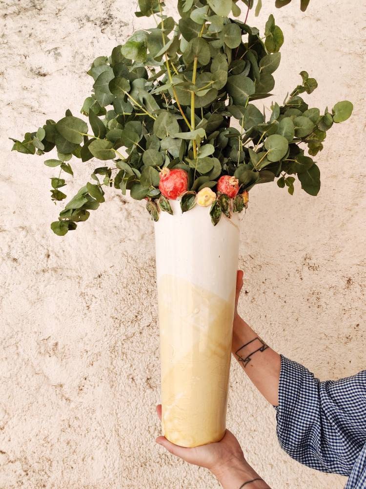 Hand made ceramic vase with ceramic pomegranates - made in Spain