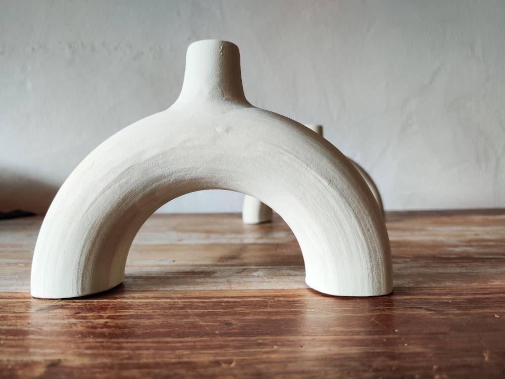 Minimalist white clay  earthenware arch candle holder - made in Spain