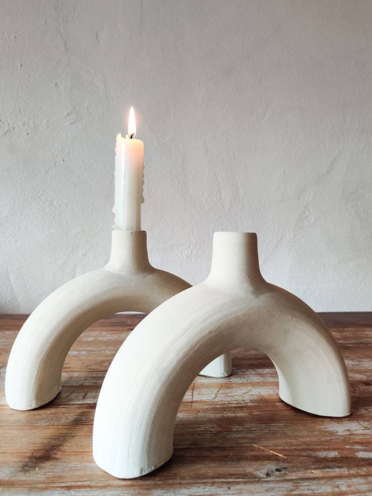 Minimalist white clay  earthenware arch candle holder - made in Spain
