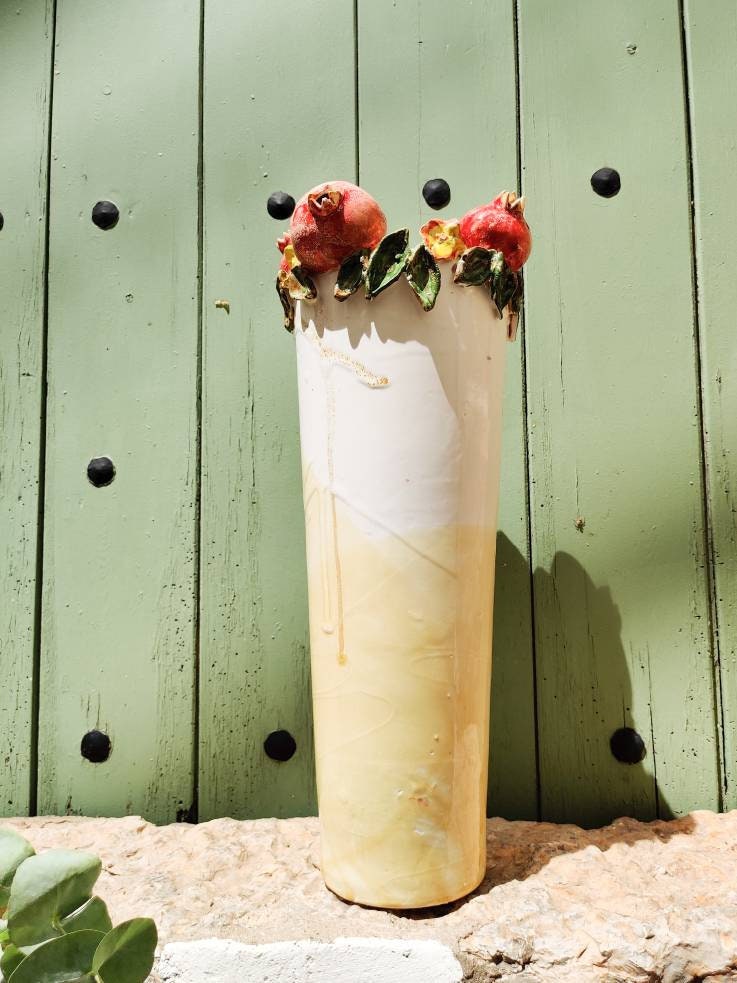 Hand made ceramic vase with ceramic pomegranates - made in Spain