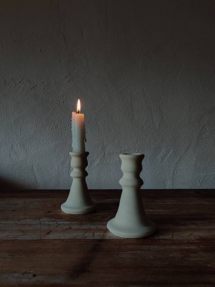 Minimalist white clay  earthenware candle holder - made in Spain