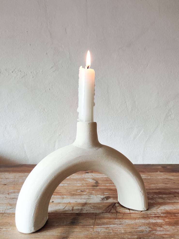 Minimalist white clay  earthenware arch candle holder - made in Spain