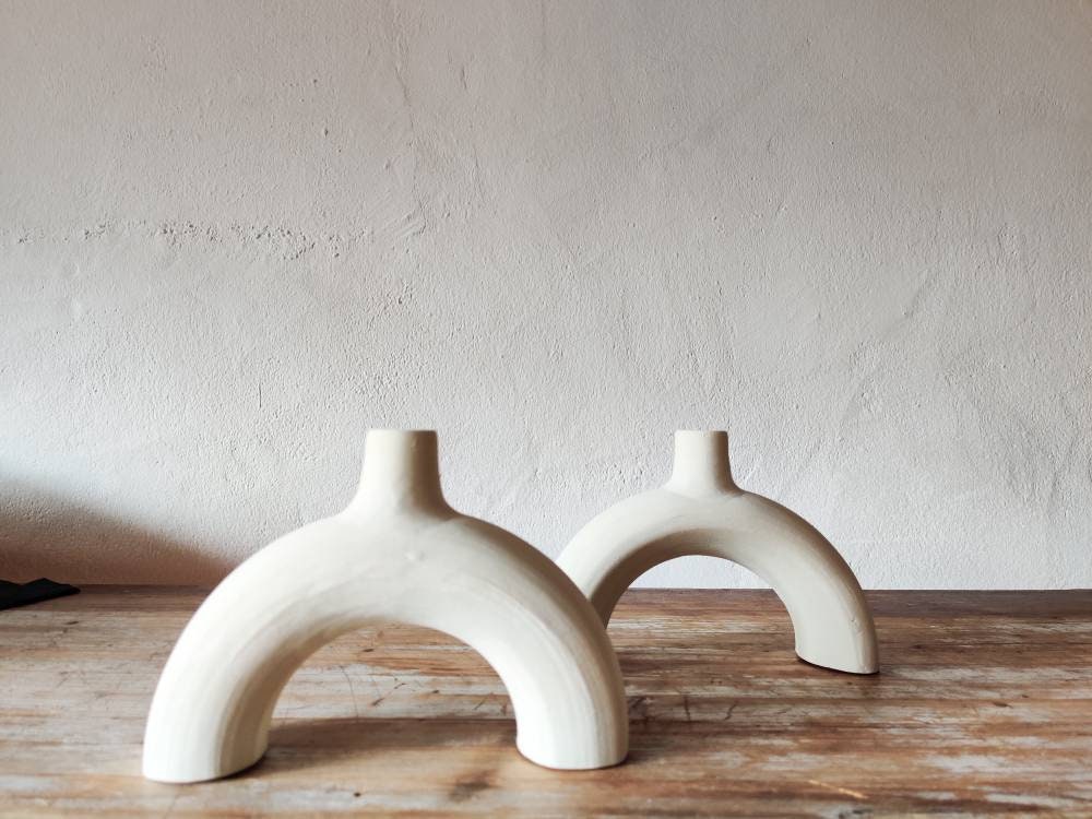 Minimalist white clay  earthenware arch candle holder - made in Spain