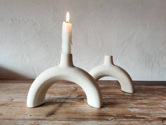 Minimalist white clay  earthenware arch candle holder - made in Spain