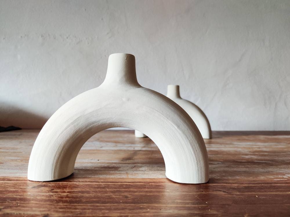 Minimalist white clay  earthenware arch candle holder - made in Spain